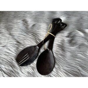 Vintage hand-carved dark ebony wood Salad Fork Spoon Set Giraffe Africa